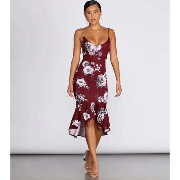 Windsor Burgundy Red Floral Flow With Floral Midi Dress XS - Picture 1 of 4